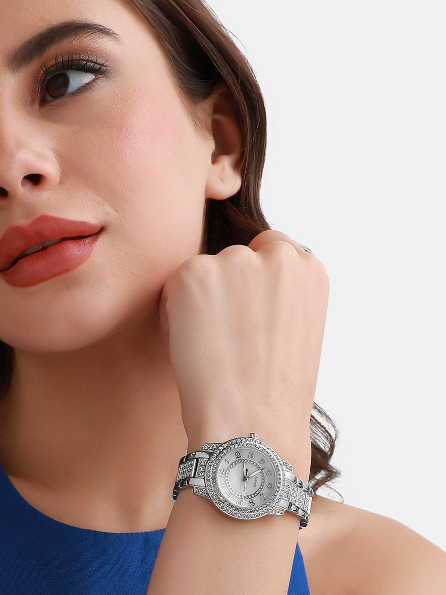 Embellished Round Watch - Silver - Shop authentic Indian Women's Fashion by Haute Sauce