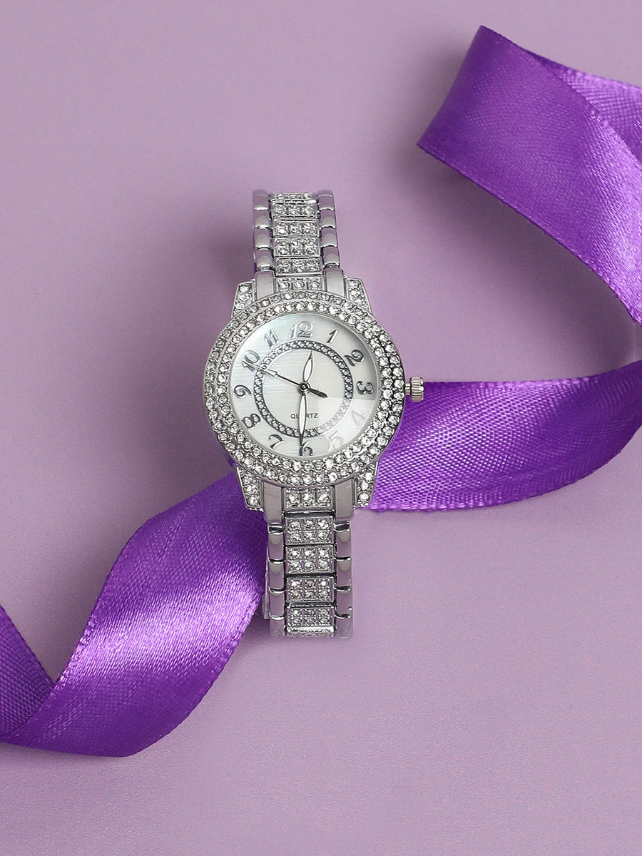 Embellished Round Watch - Silver - Shop authentic Indian Women's Fashion by Haute Sauce