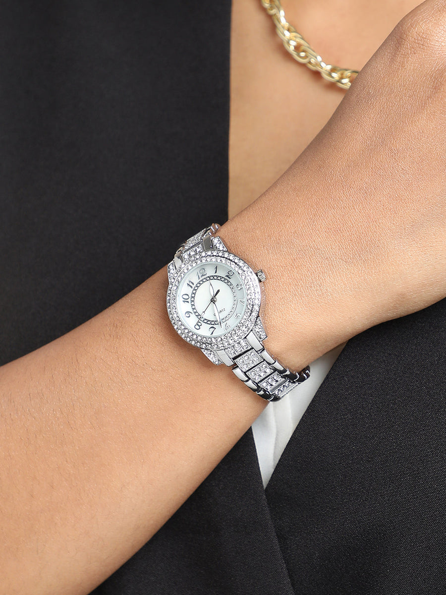 Embellished Round Watch - Silver - Shop authentic Indian Women's Fashion by Haute Sauce