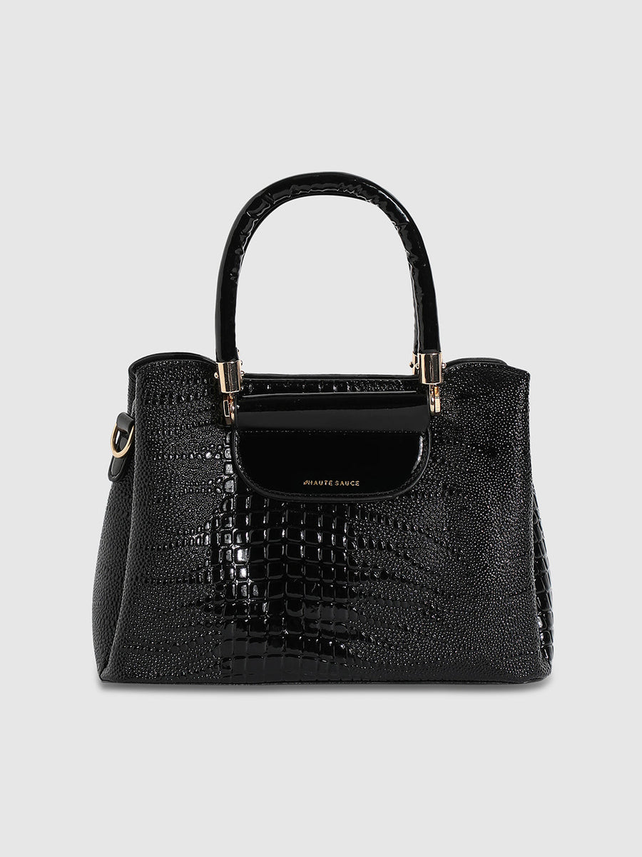 Structured Croc Handbag - Black - Shop authentic Indian Women's Fashion by Haute Sauce