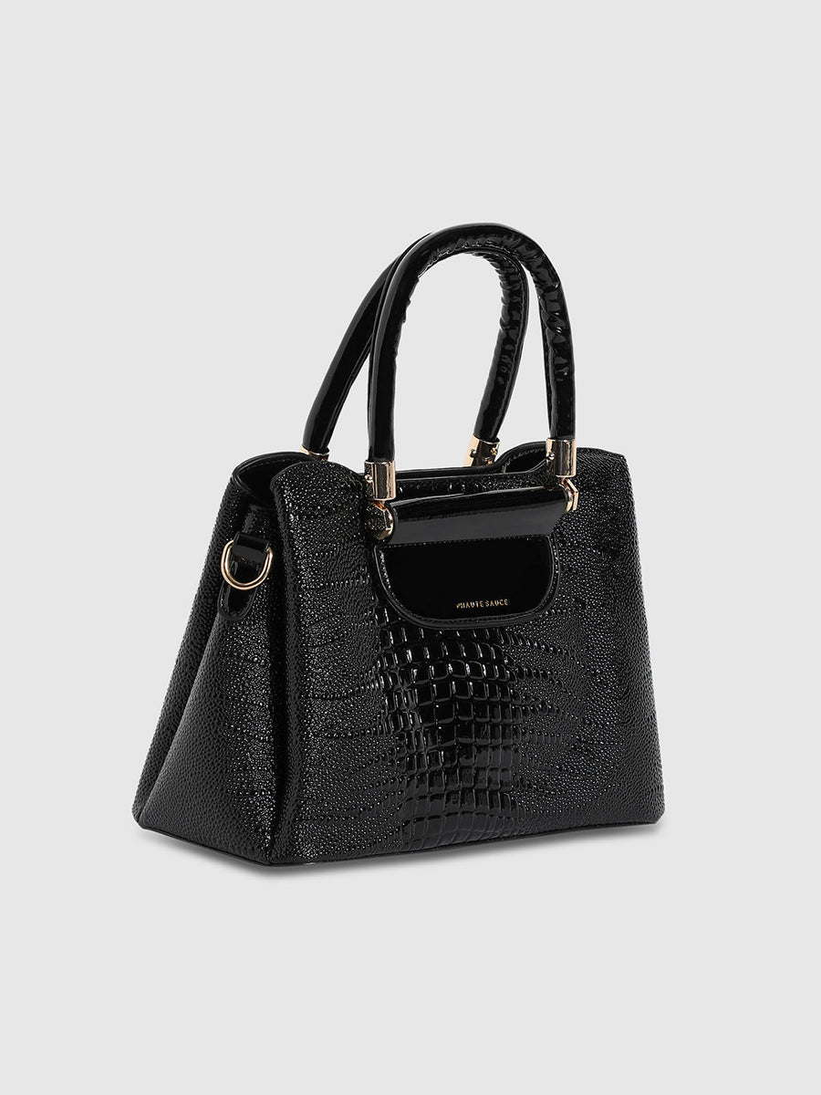 Structured Croc Handbag - Black - Shop authentic Indian Women's Fashion by Haute Sauce