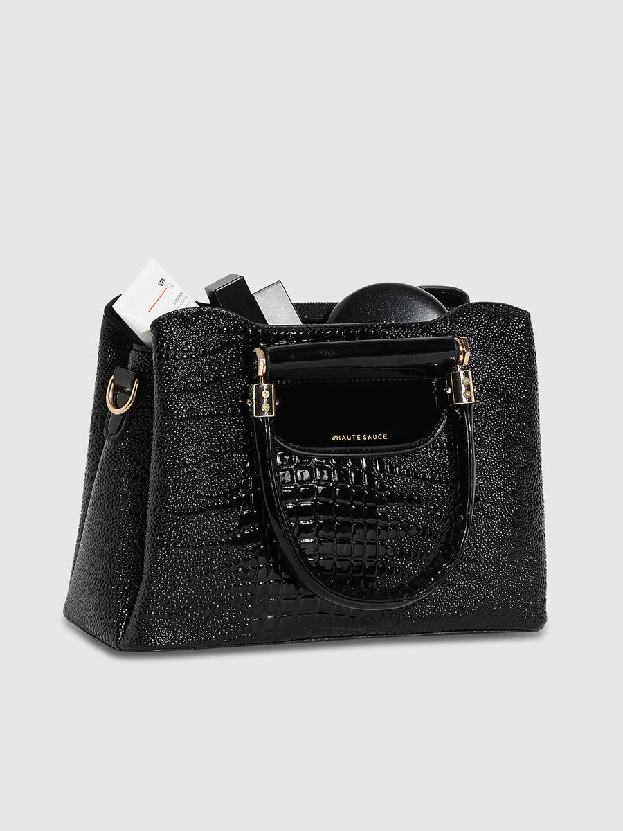 Structured Croc Handbag - Black - Shop authentic Indian Women's Fashion by Haute Sauce