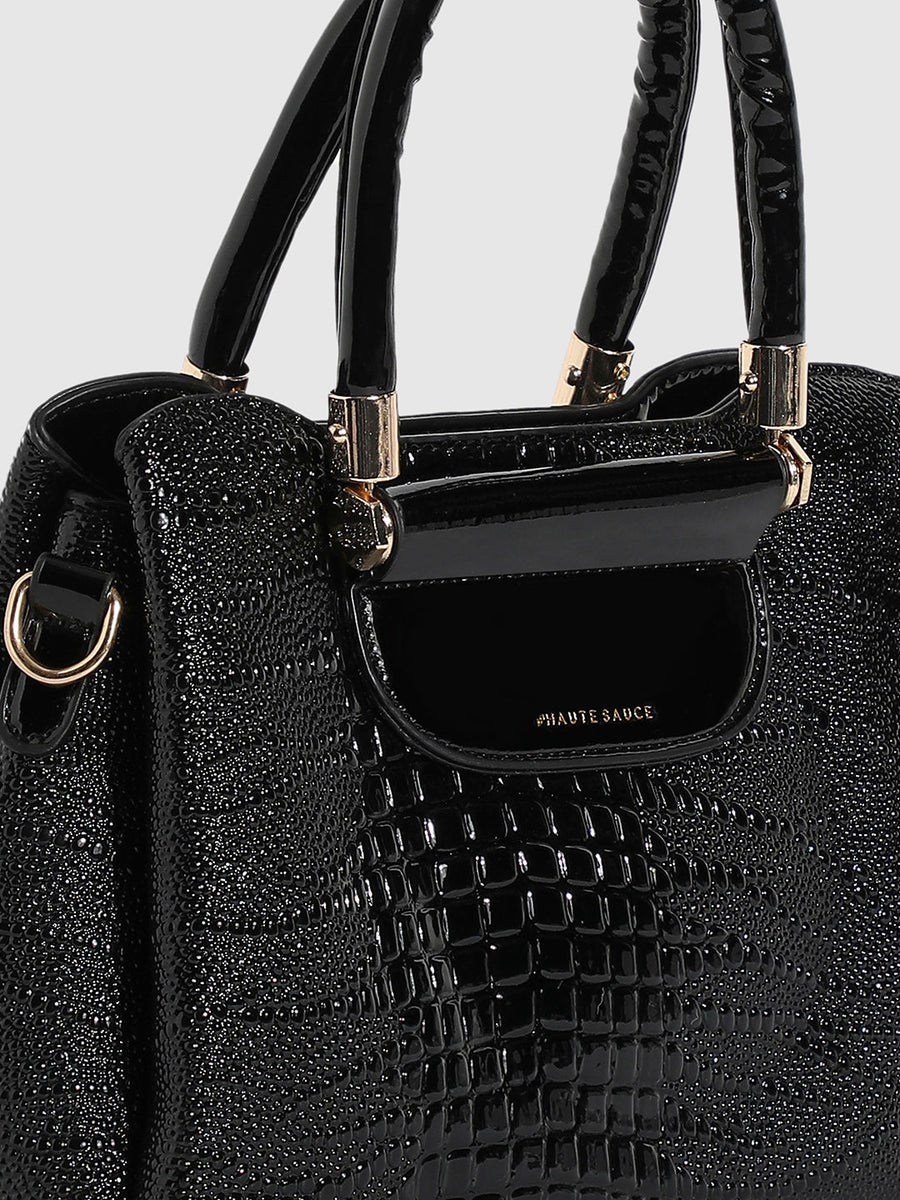 Structured Croc Handbag - Black - Shop authentic Indian Women's Fashion by Haute Sauce