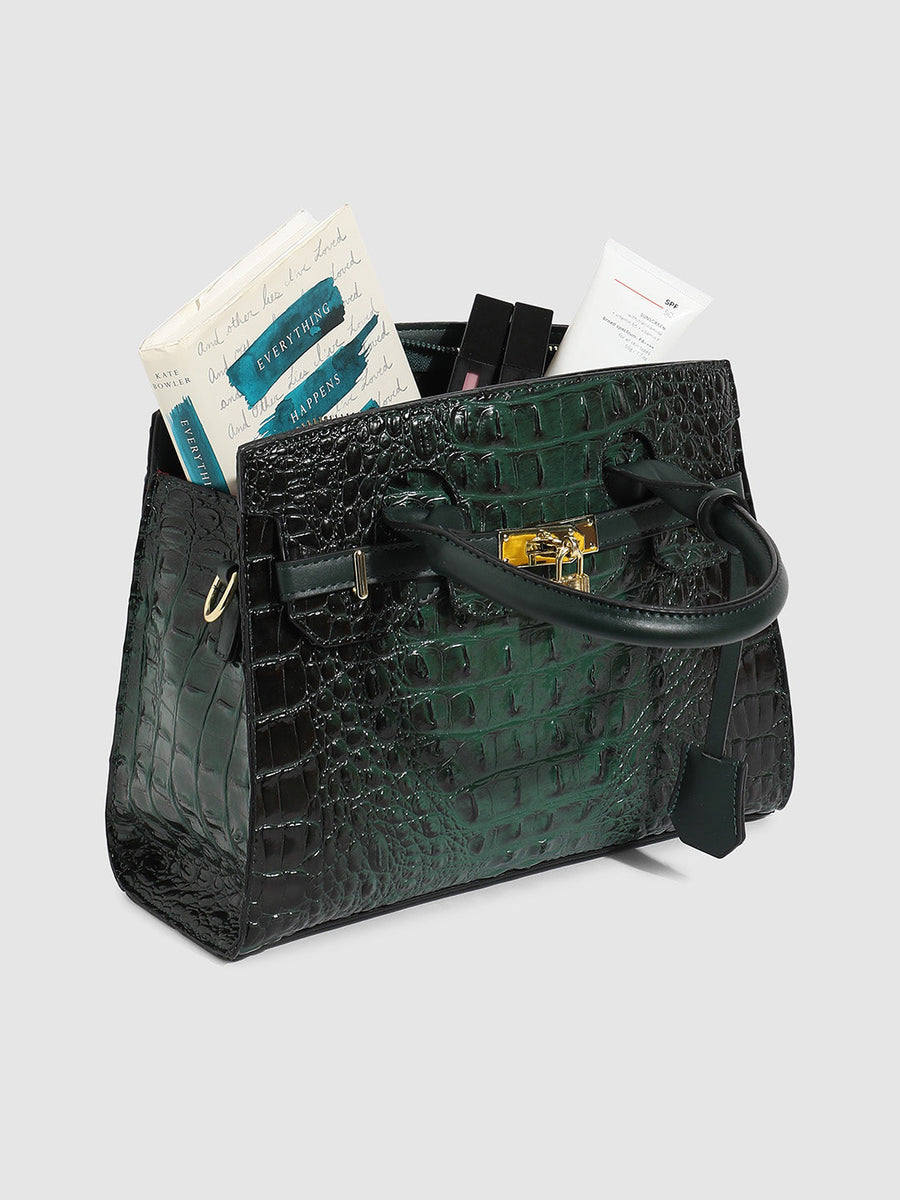 Lock Buckle Handbag - Forest Green - Shop authentic Indian Women's Fashion by Haute Sauce