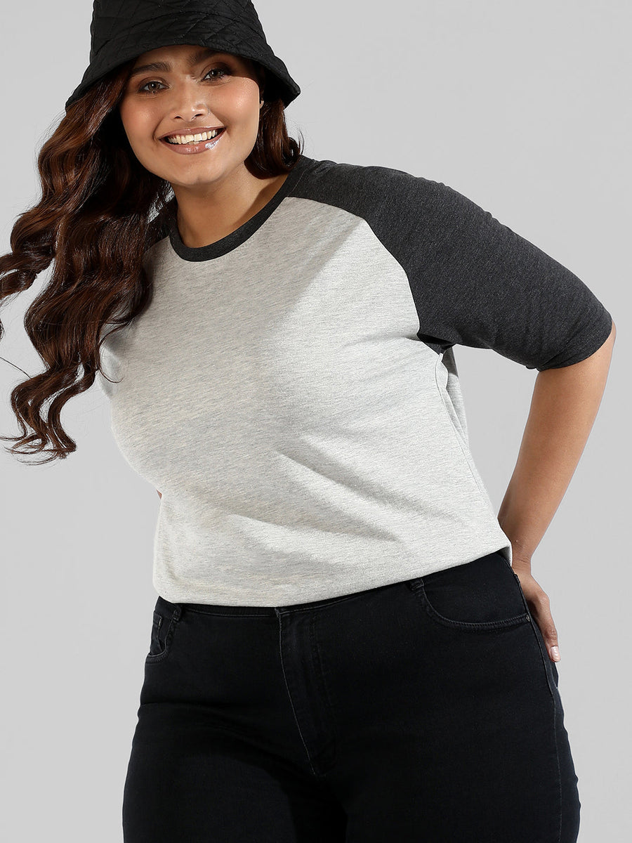 Colorblocked Stylish Quarter Sleeve Round Neck Top - Shop authentic Indian Women's Fashion by Instafab Plus