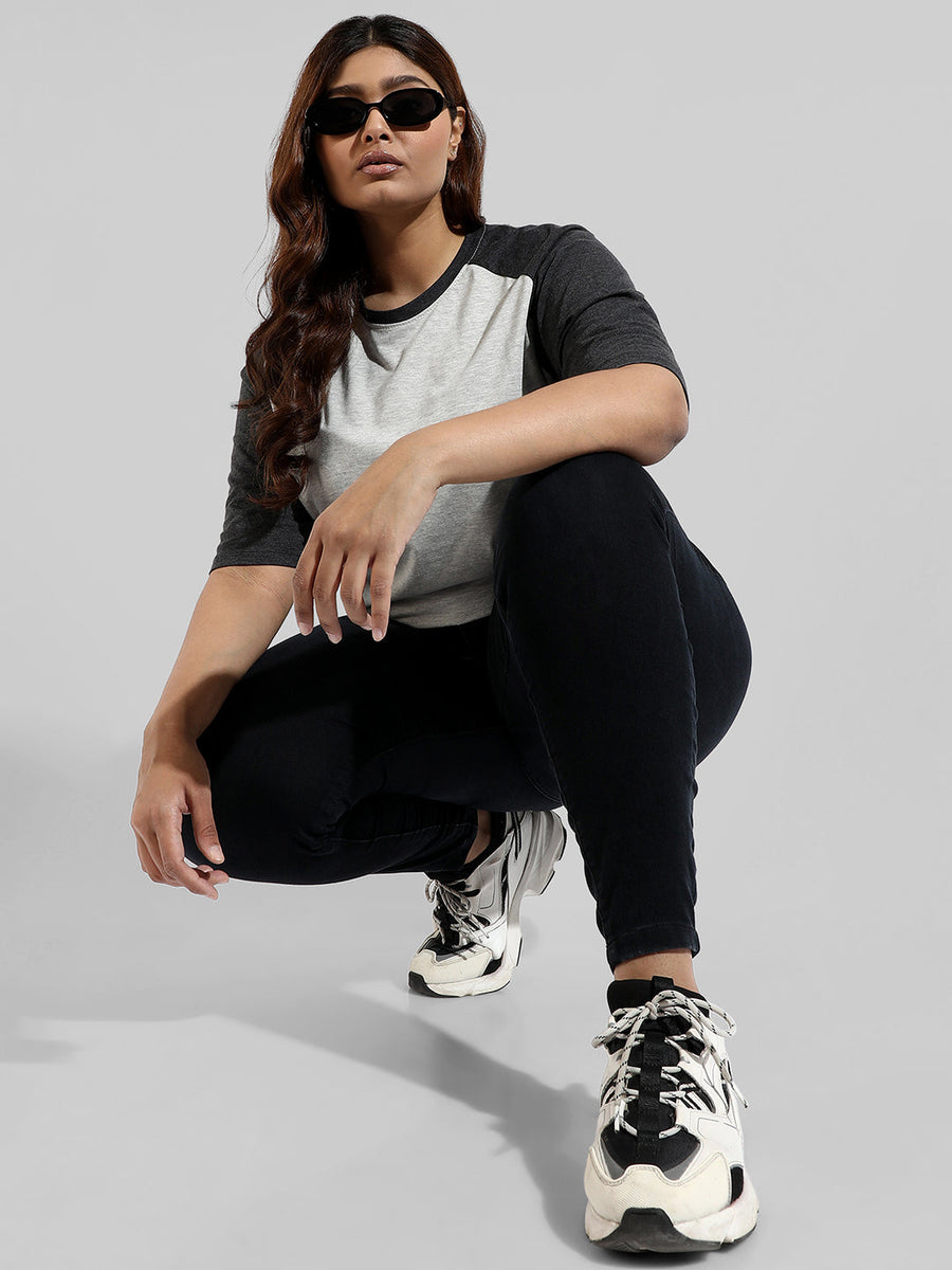 Colorblocked Stylish Quarter Sleeve Round Neck Top - Shop authentic Indian Women's Fashion by Instafab Plus