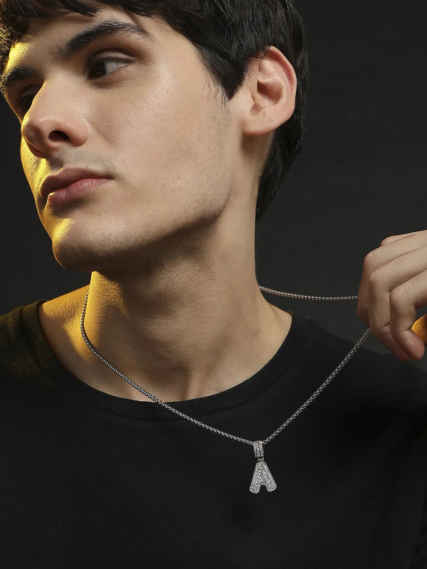 Embellished A Alphabet Pendant with Chain - Silver - Shop authentic Indian Men's Fashion by French Accent