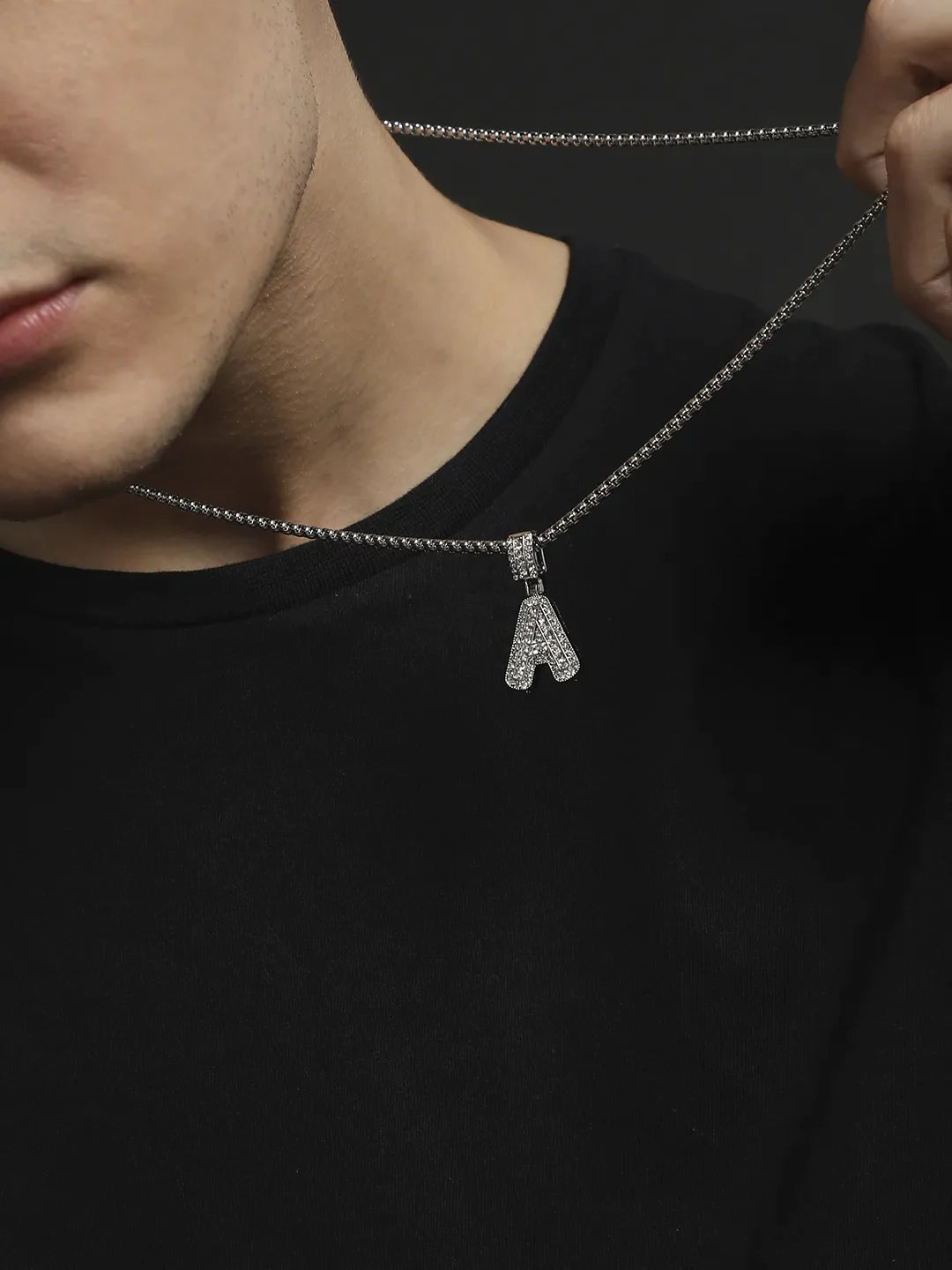 Embellished A Alphabet Pendant with Chain - Silver - Shop authentic Indian Men's Fashion by French Accent