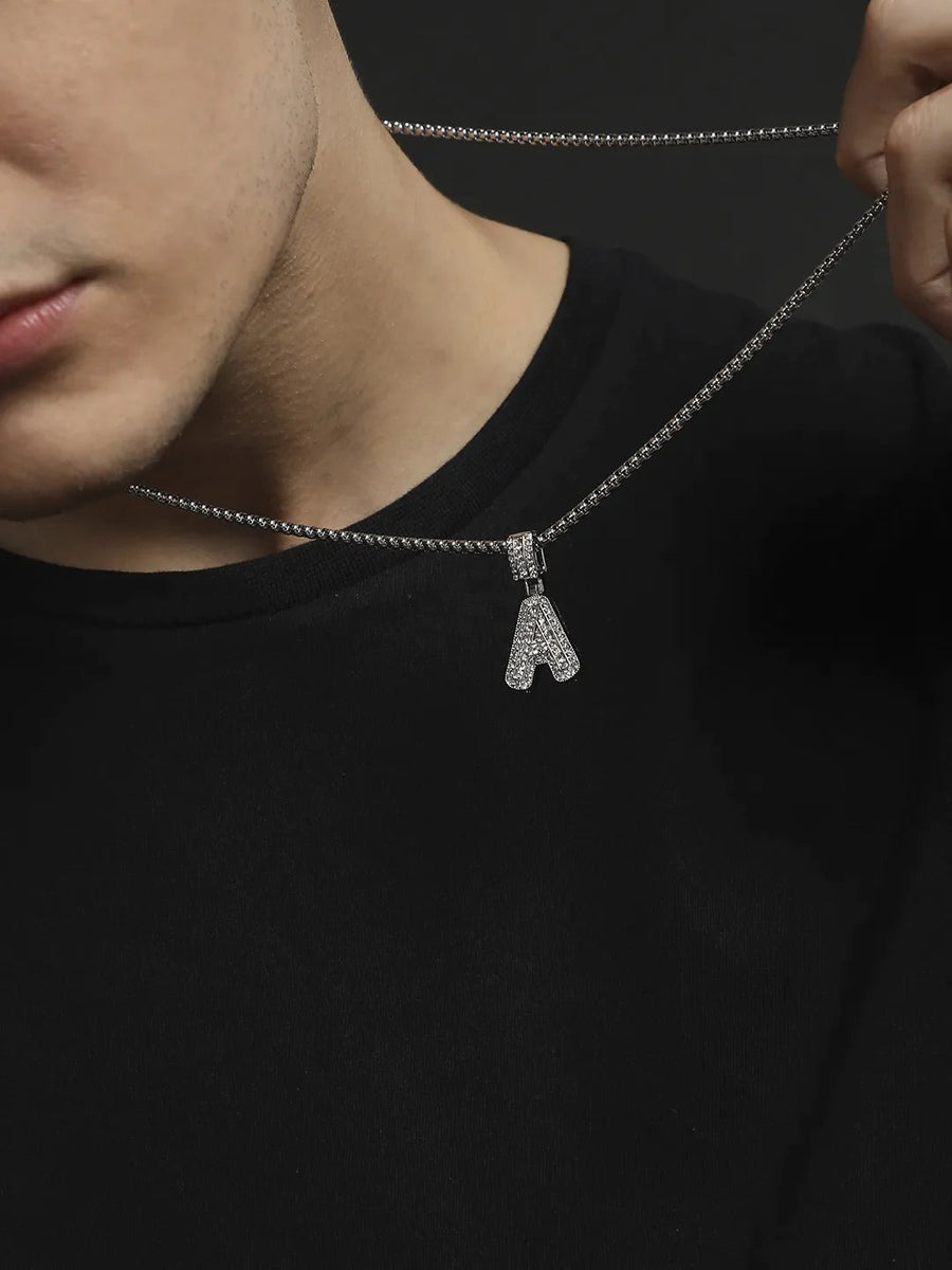 Embellished A Alphabet Pendant with Chain - Silver - Shop authentic Indian Men's Fashion by French Accent