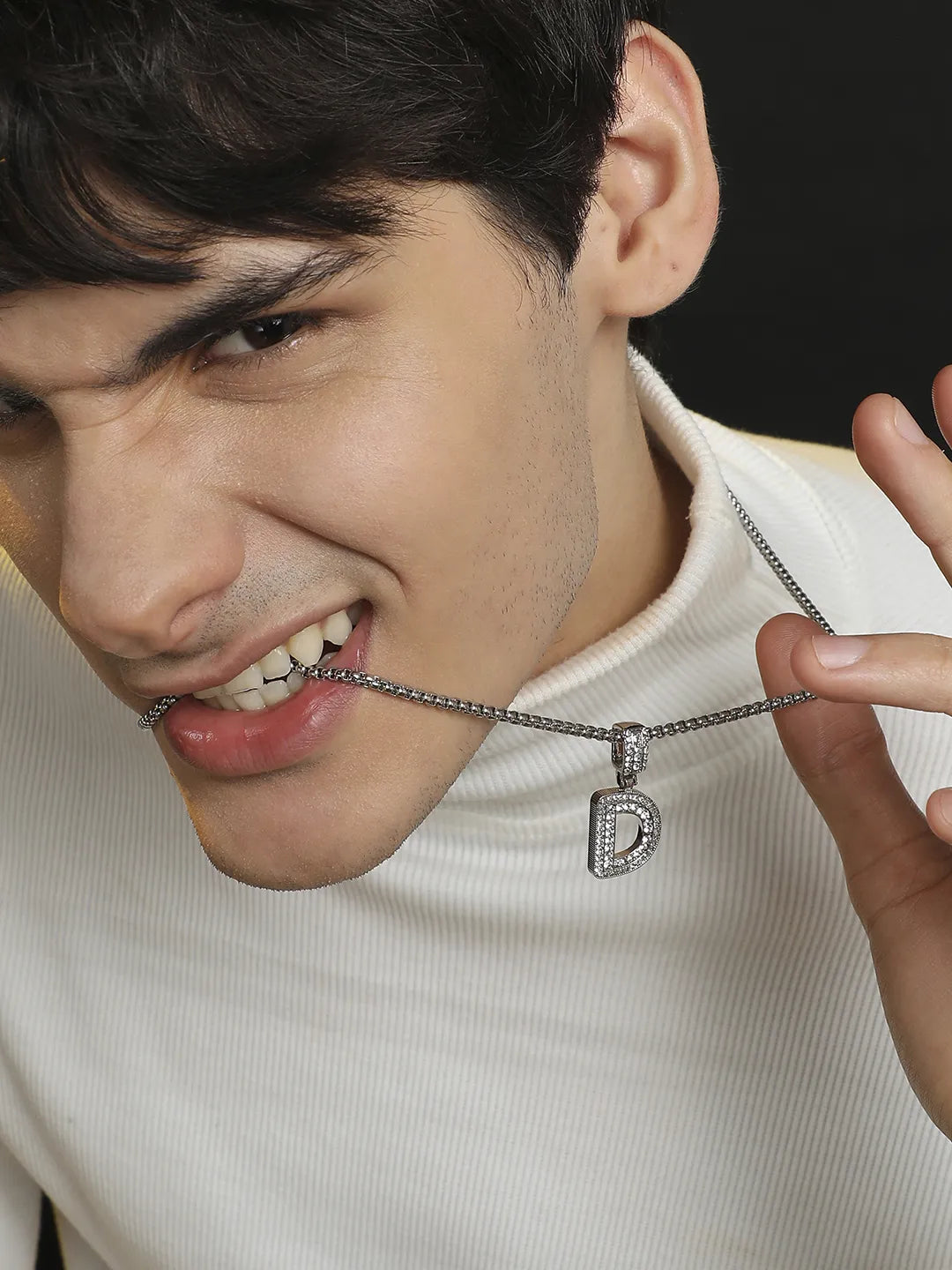 Embellished D Alphabet Pendant with Chain - Silver - Shop authentic Indian Men's Fashion by French Accent