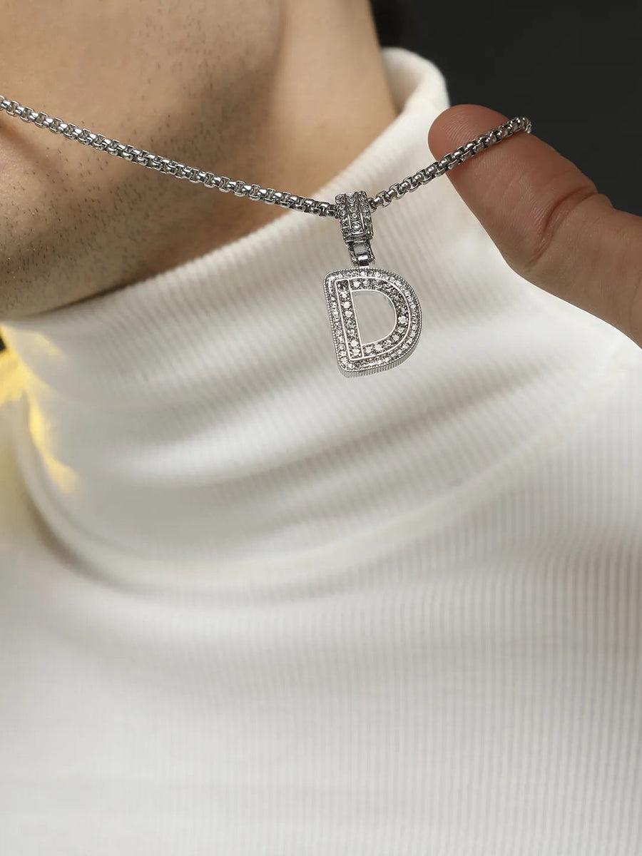 Embellished D Alphabet Pendant with Chain - Silver - Shop authentic Indian Men's Fashion by French Accent