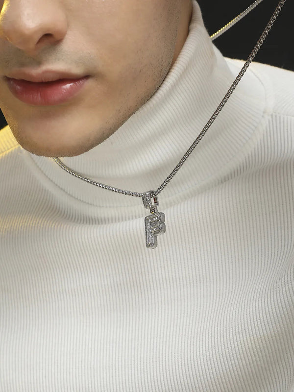 Embellished F Alphabet Pendant with Chain - Silver - Shop authentic Indian Men's Fashion by French Accent