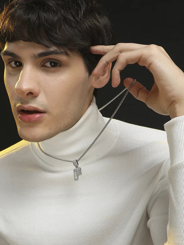 Embellished F Alphabet Pendant with Chain - Silver - Shop authentic Indian Men's Fashion by French Accent