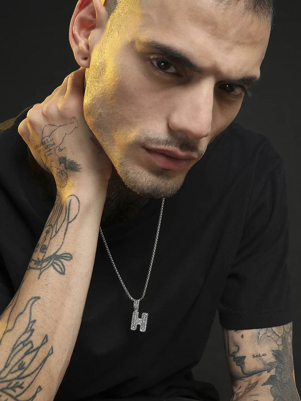 Embellished H Alphabet Pendant with Chain - Silver - Shop authentic Indian Men's Fashion by French Accent