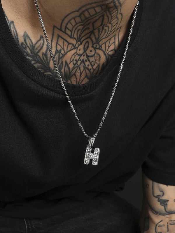 Embellished H Alphabet Pendant with Chain - Silver - Shop authentic Indian Men's Fashion by French Accent