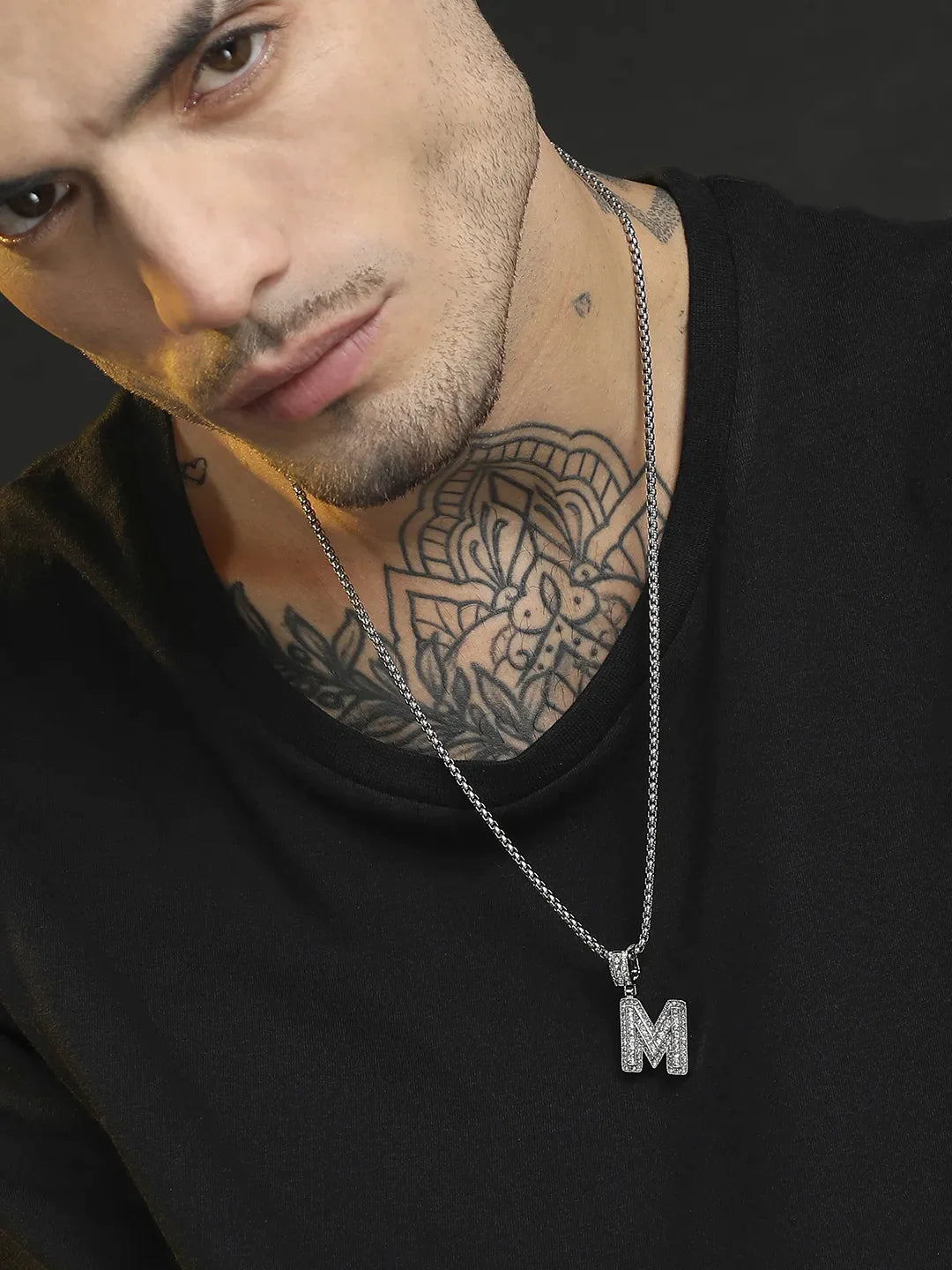 Embellished M Alphabet Pendant with Chain - Silver - Shop authentic Indian Men's Fashion by French Accent