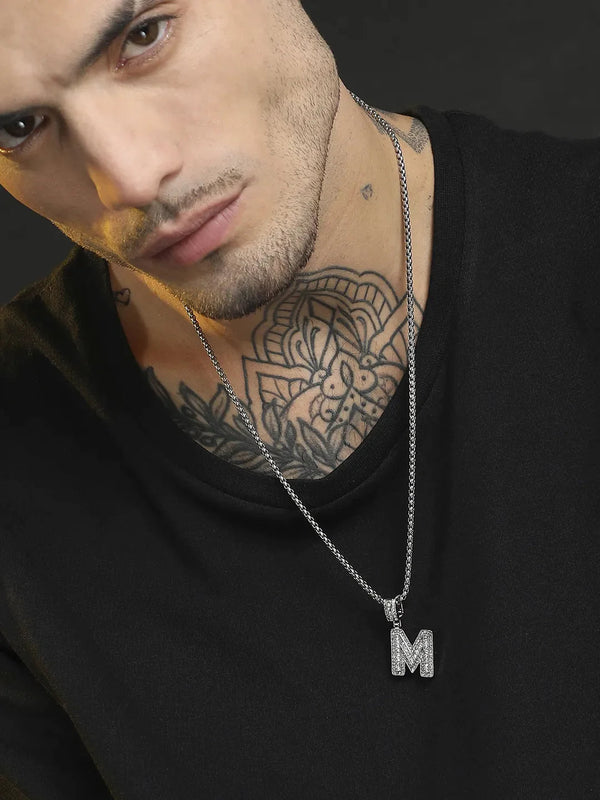 Embellished M Alphabet Pendant with Chain - Silver - Shop authentic Indian Men's Fashion by French Accent