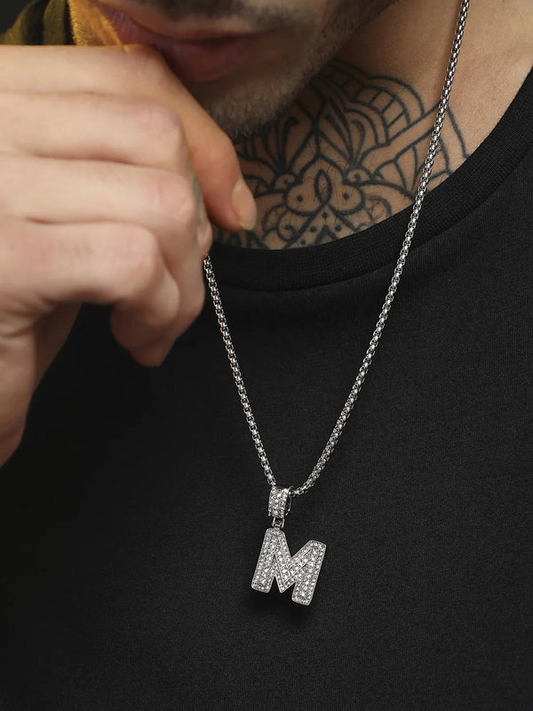Embellished M Alphabet Pendant with Chain - Silver - Shop authentic Indian Men's Fashion by French Accent