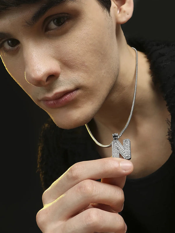 Embellished N Alphabet Pendant with Chain - Silver - Shop authentic Indian Men's Fashion by French Accent