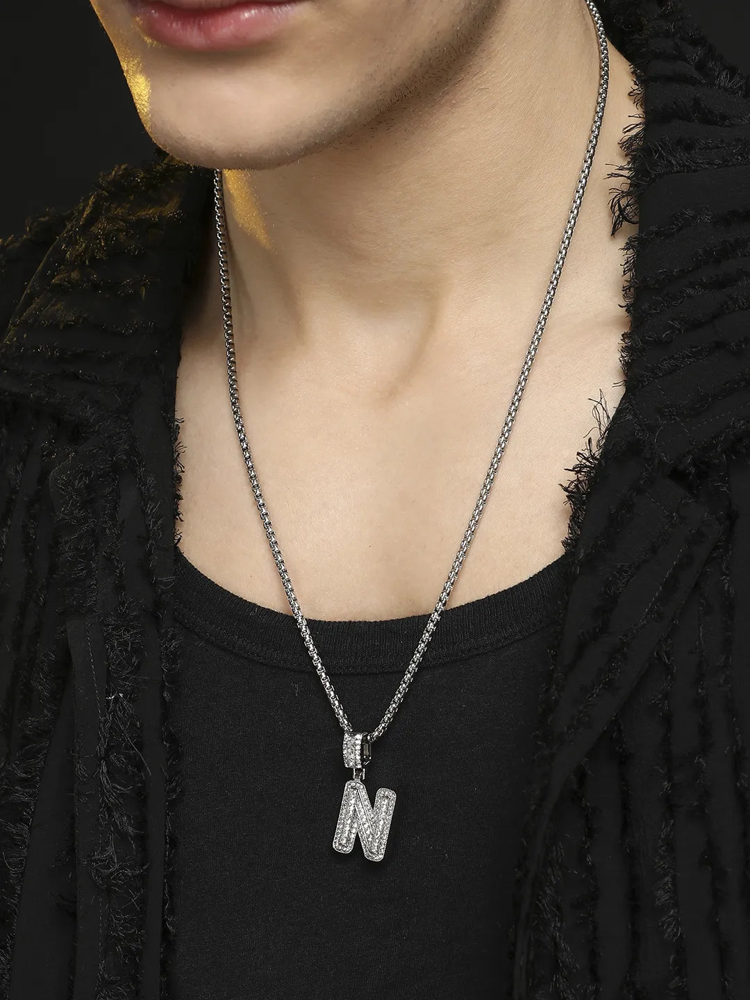 Embellished N Alphabet Pendant with Chain - Silver - Shop authentic Indian Men's Fashion by French Accent