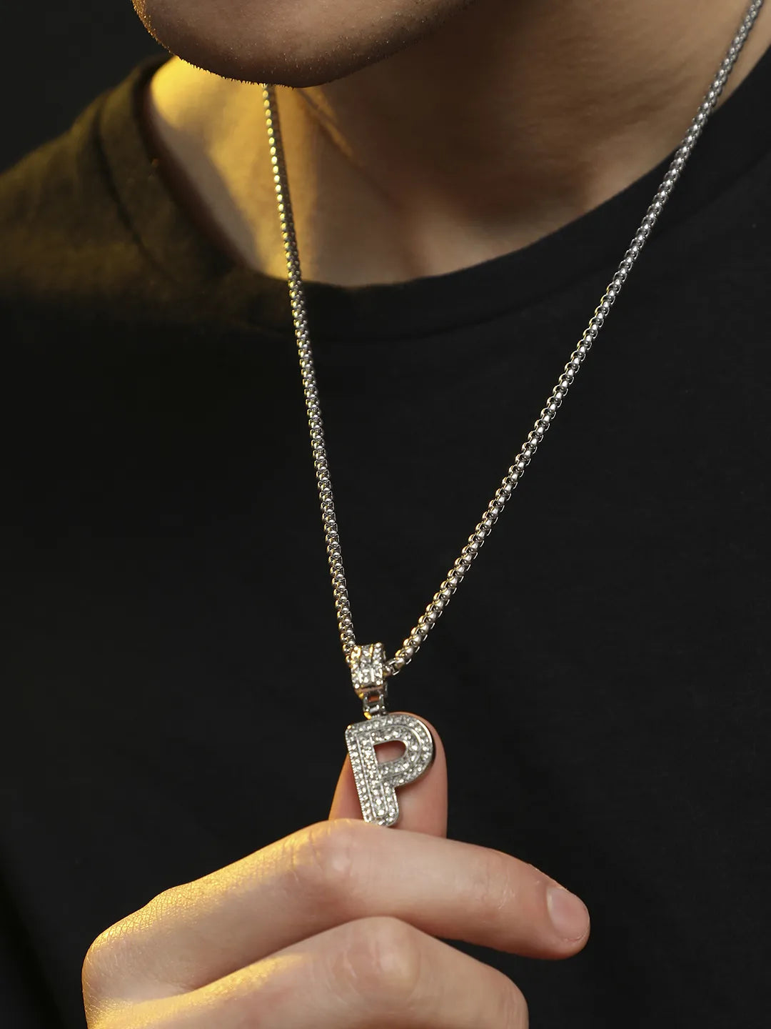 Embellished P Alphabet Pendant with Chain - Silver - Shop authentic Indian Men's Fashion by French Accent