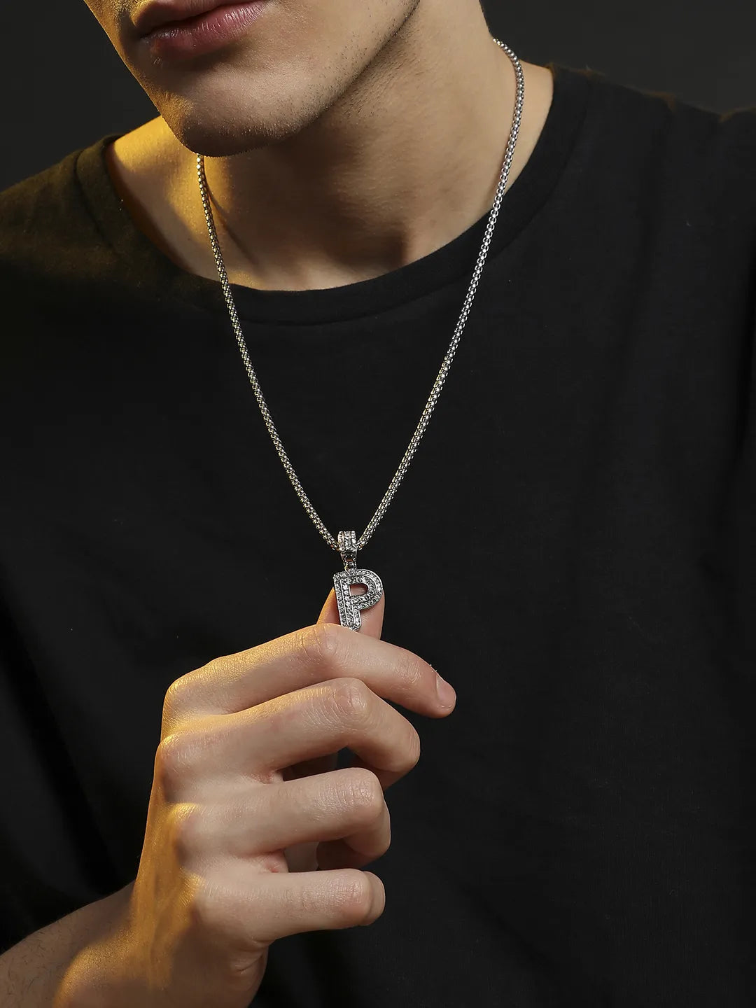 Embellished P Alphabet Pendant with Chain - Silver - Shop authentic Indian Men's Fashion by French Accent