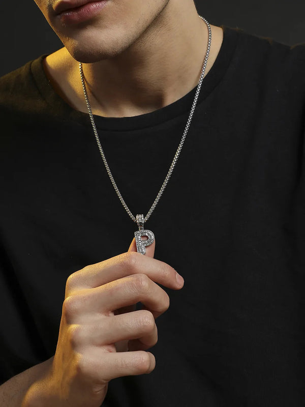 Embellished P Alphabet Pendant with Chain - Silver - Shop authentic Indian Men's Fashion by French Accent