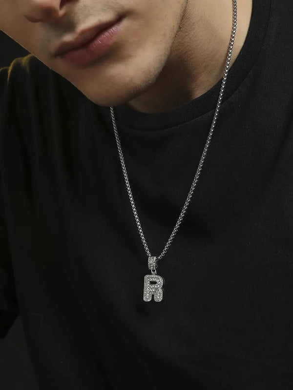 Embellished R Alphabet Pendant with Chain - Silver - Shop authentic Indian Men's Fashion by French Accent