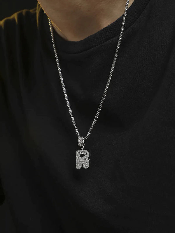 Embellished R Alphabet Pendant with Chain - Silver - Shop authentic Indian Men's Fashion by French Accent