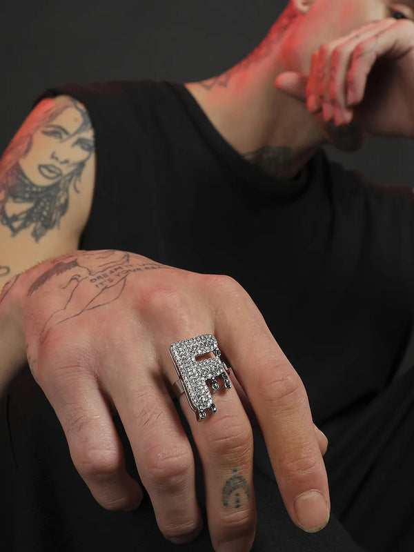 Bling F Alphabet Ring - Silver - Shop authentic Indian Men's Fashion by French Accent