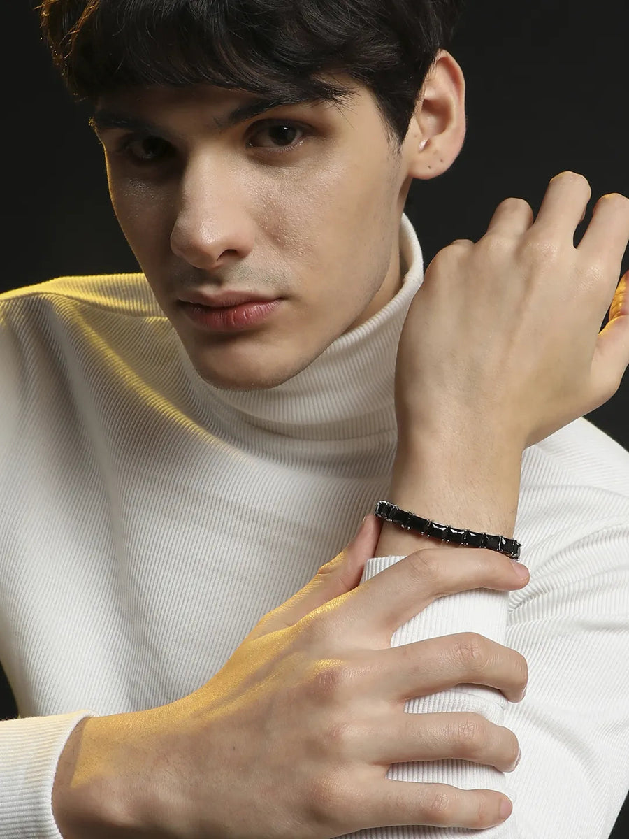 Geometric Stone Tennis Bracelet - Charcoal Black - Shop authentic Indian Men's Fashion by French Accent