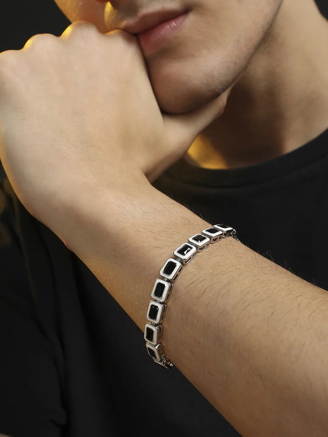 Contrast Enamel Tennis Bracelet - Black & White - Shop authentic Indian Men's Fashion by French Accent