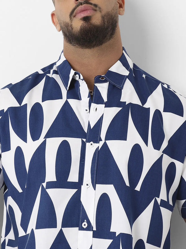 White & Indigo Blue Geometric Block Shirt - Shop authentic Indian Men's Fashion by Instafab Plus