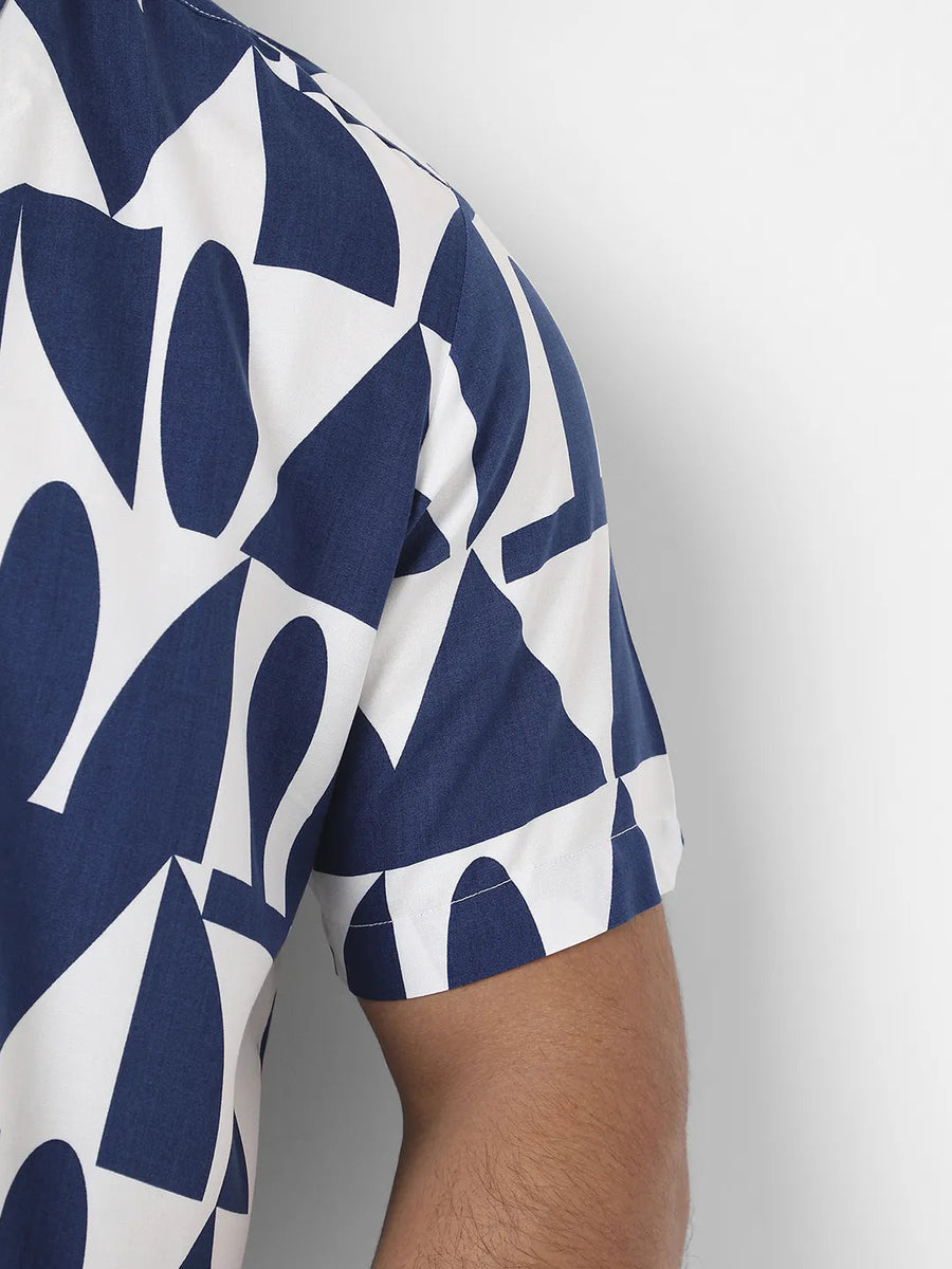 White & Indigo Blue Geometric Block Shirt - Shop authentic Indian Men's Fashion by Instafab Plus