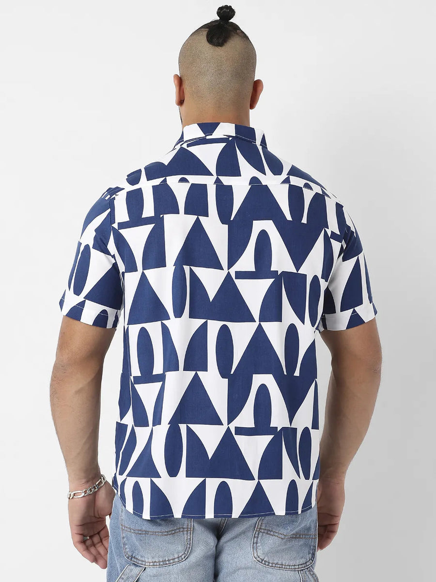 White & Indigo Blue Geometric Block Shirt - Shop authentic Indian Men's Fashion by Instafab Plus
