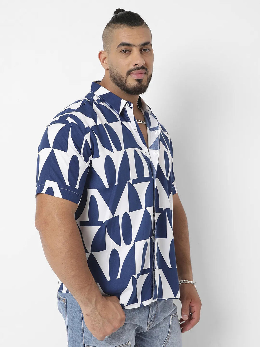 White & Indigo Blue Geometric Block Shirt - Shop authentic Indian Men's Fashion by Instafab Plus