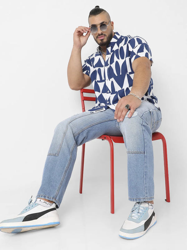 White & Indigo Blue Geometric Block Shirt - Shop authentic Indian Men's Fashion by Instafab Plus