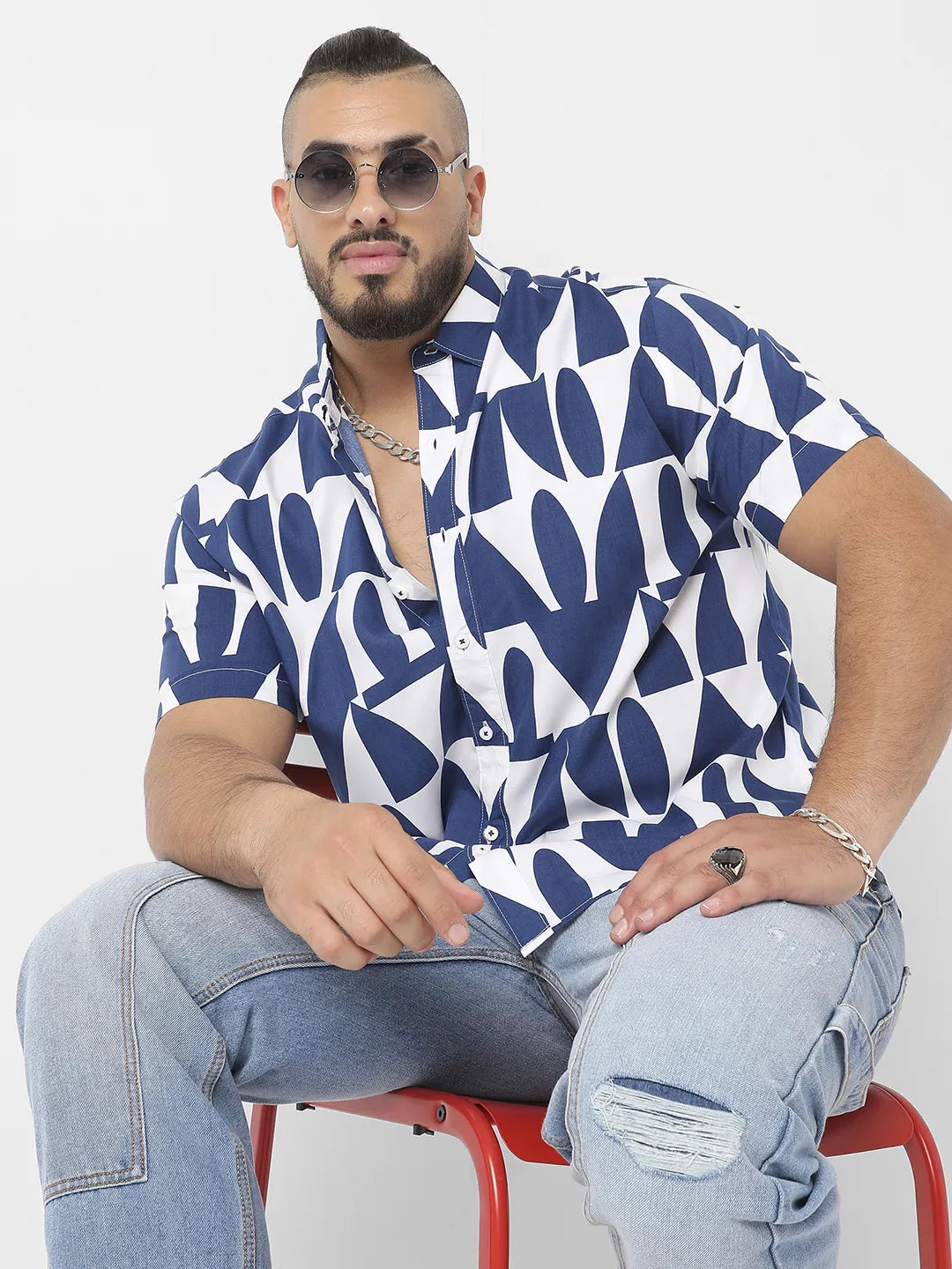 White & Indigo Blue Geometric Block Shirt - Shop authentic Indian Men's Fashion by Instafab Plus