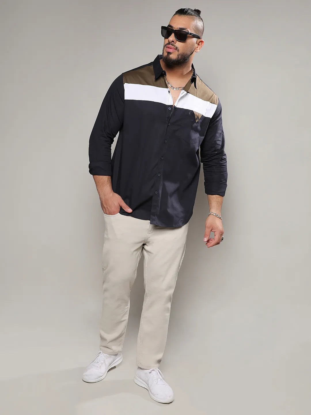 Navy Blue Colourblocked Casual Shirt - Shop authentic Indian Men's Fashion by Instafab Plus