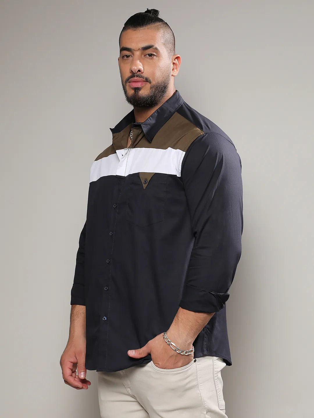 Navy Blue Colourblocked Casual Shirt - Shop authentic Indian Men's Fashion by Instafab Plus