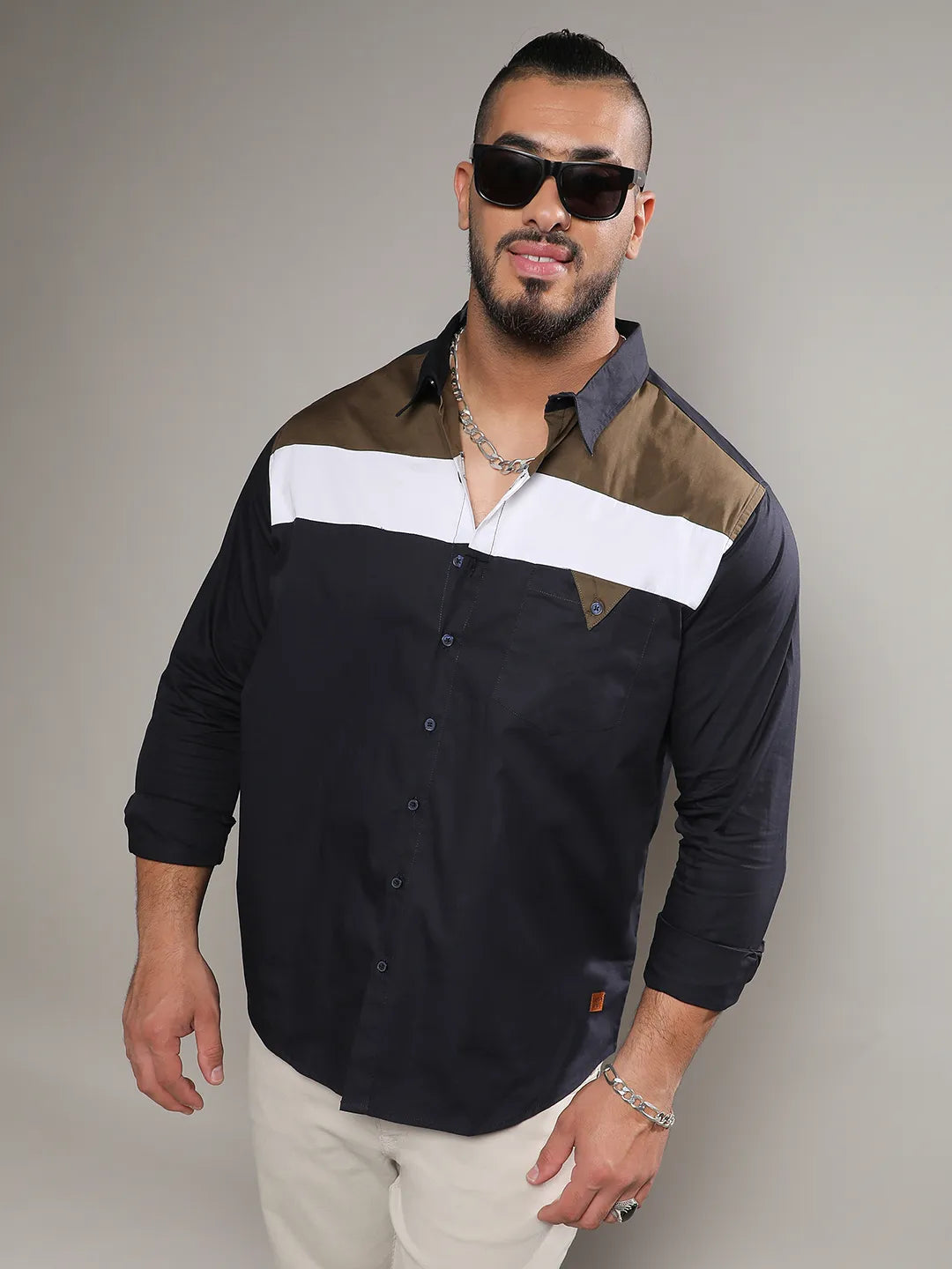 Navy Blue Colourblocked Casual Shirt - Shop authentic Indian Men's Fashion by Instafab Plus