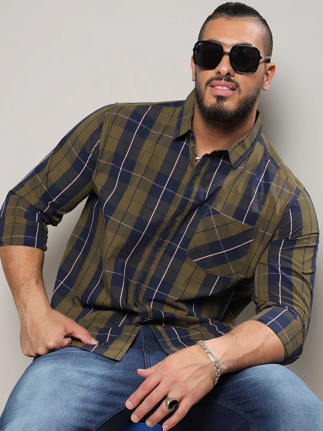 Olive Green Tartan Plaid Shirt - Shop authentic Indian Men's Fashion by Instafab Plus