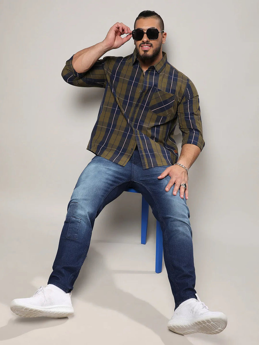 Olive Green Tartan Plaid Shirt - Shop authentic Indian Men's Fashion by Instafab Plus
