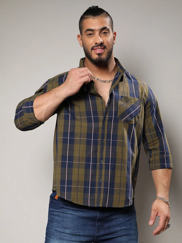 Olive Green Tartan Plaid Shirt - Shop authentic Indian Men's Fashion by Instafab Plus