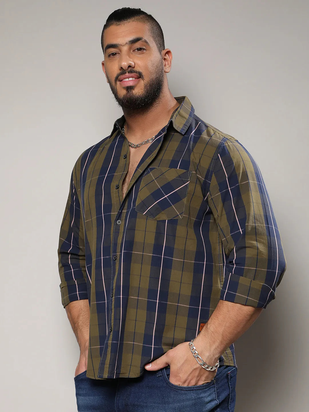 Olive Green Tartan Plaid Shirt - Shop authentic Indian Men's Fashion by Instafab Plus