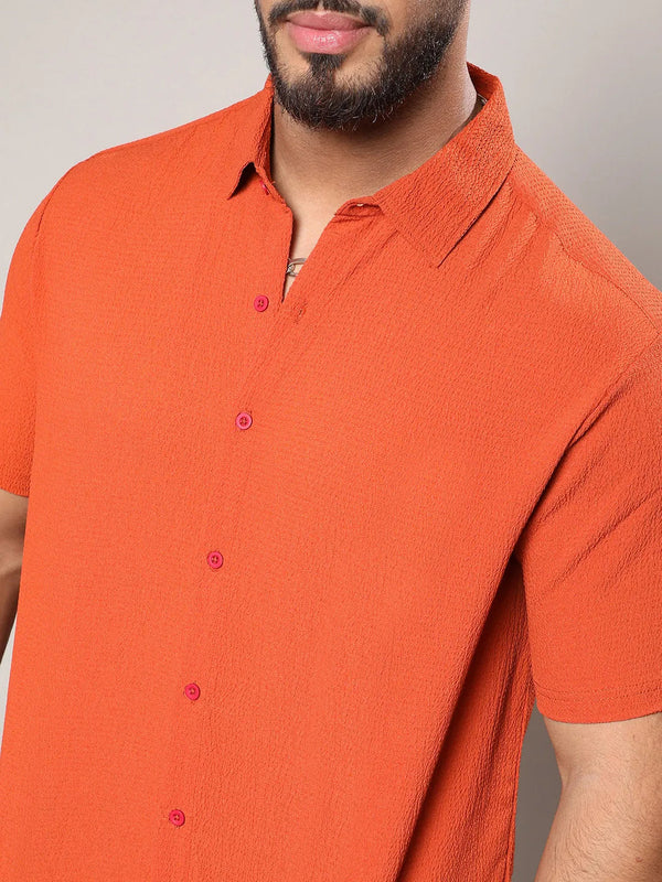 Burnt Orange Textured Casual Shirt - Shop authentic Indian Men's Fashion by Instafab Plus