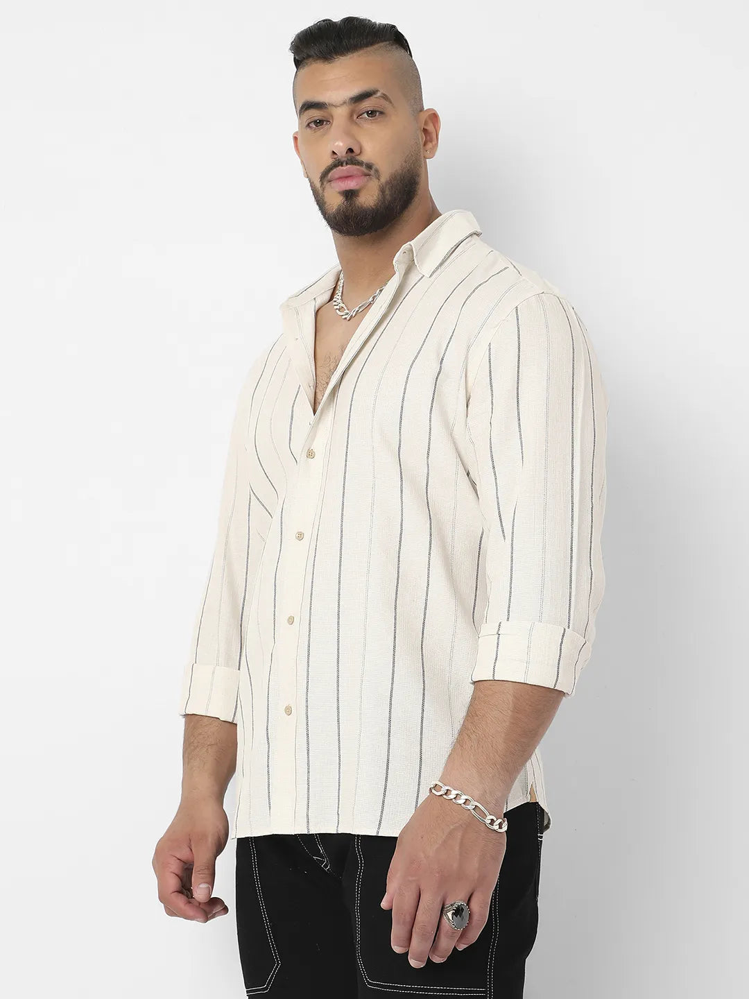 Beige Contrast Pinstriped Shirt - Shop authentic Indian Men's Fashion by Instafab Plus