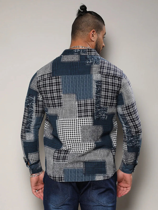 Navy Blue Herringbone Block Shirt - Shop authentic Indian Men's Fashion by Instafab Plus