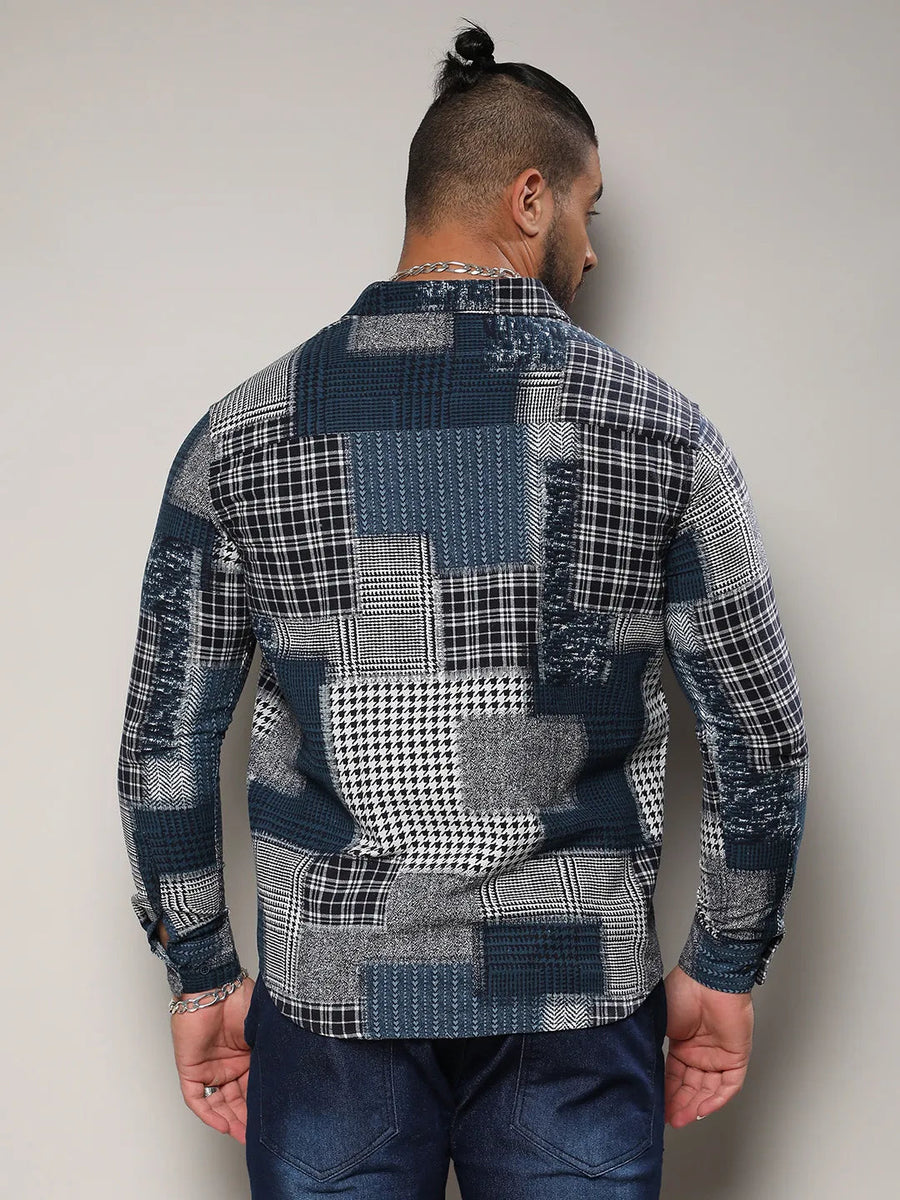 Navy Blue Herringbone Block Shirt - Shop authentic Indian Men's Fashion by Instafab Plus