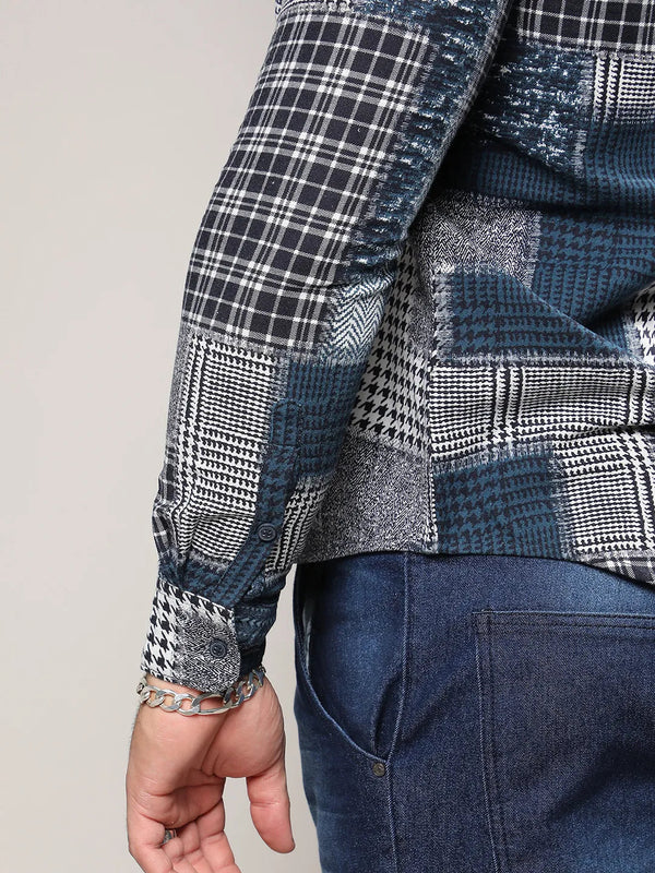 Navy Blue Herringbone Block Shirt - Shop authentic Indian Men's Fashion by Instafab Plus